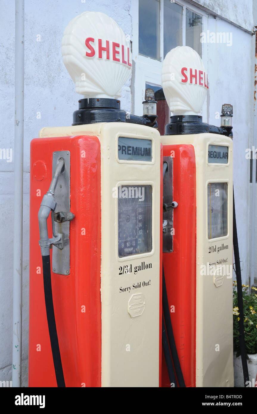 Old Shell petrol pumps in Cornwall, UK Stock Photo