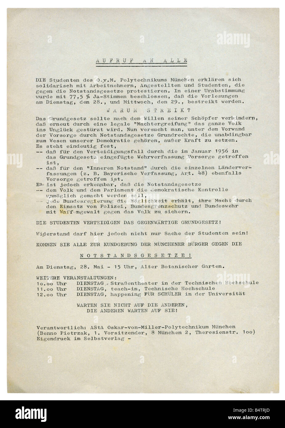 geography / travel, Germany, politics, student movement 1960s, flyer, call for strike against emergency acts, published by General Studying Committe Oskar - von - Miller - poltechnic school, Munich, 28.5.1968, , Stock Photo