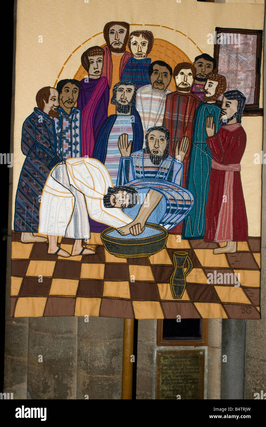 Christ washing disciples feet tapestry Truro Catherdral Cornwall UK Stock Photo