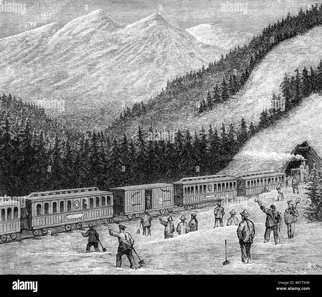 transport / transportation, railway, USA, line through Sierra Madre Mountains, California, wood engraving by August Mueller, 1887, Stock Photo