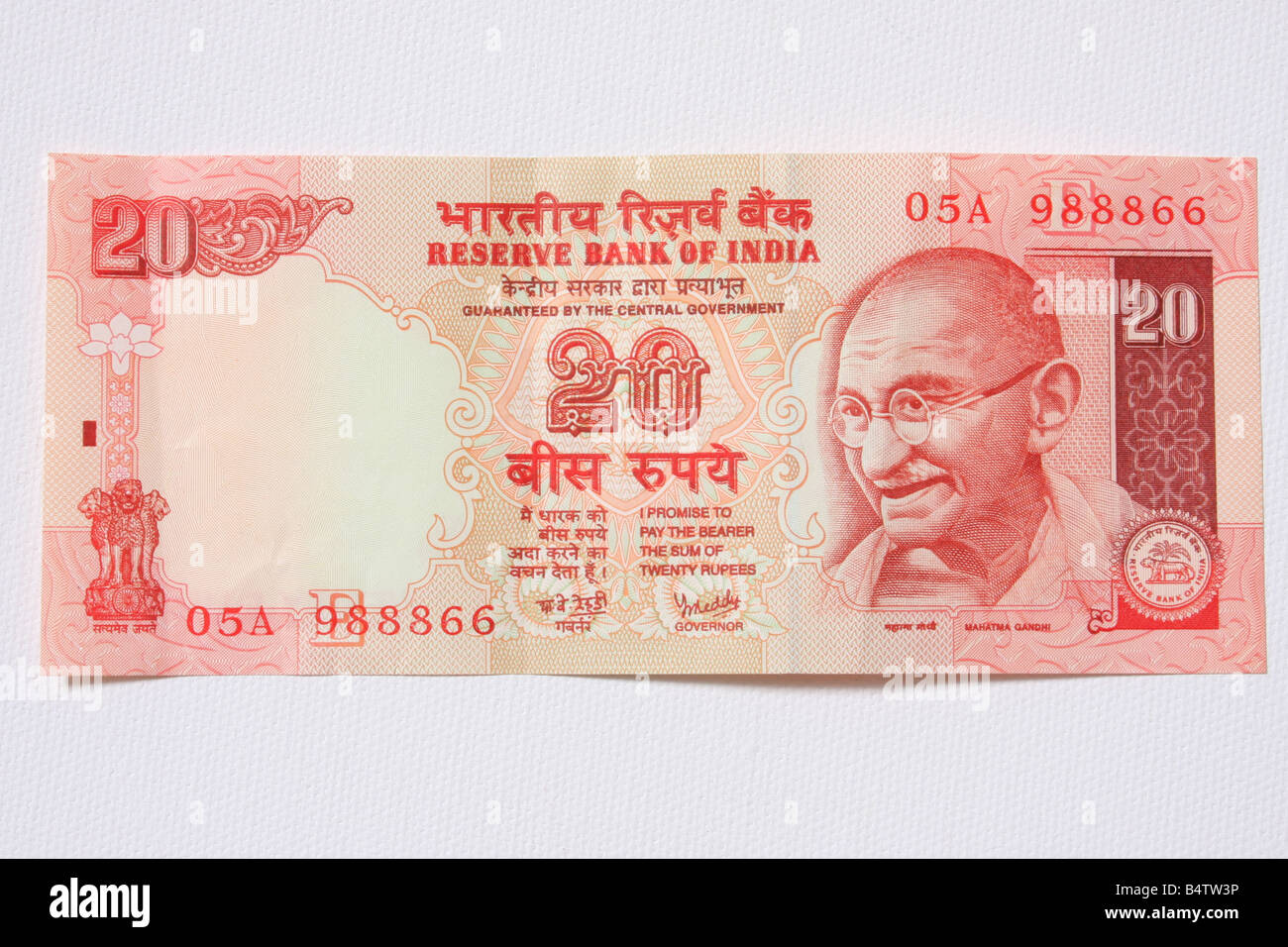 An Indian bank note featuring Mahatma Gandhi of 20 Rupees Stock Photo