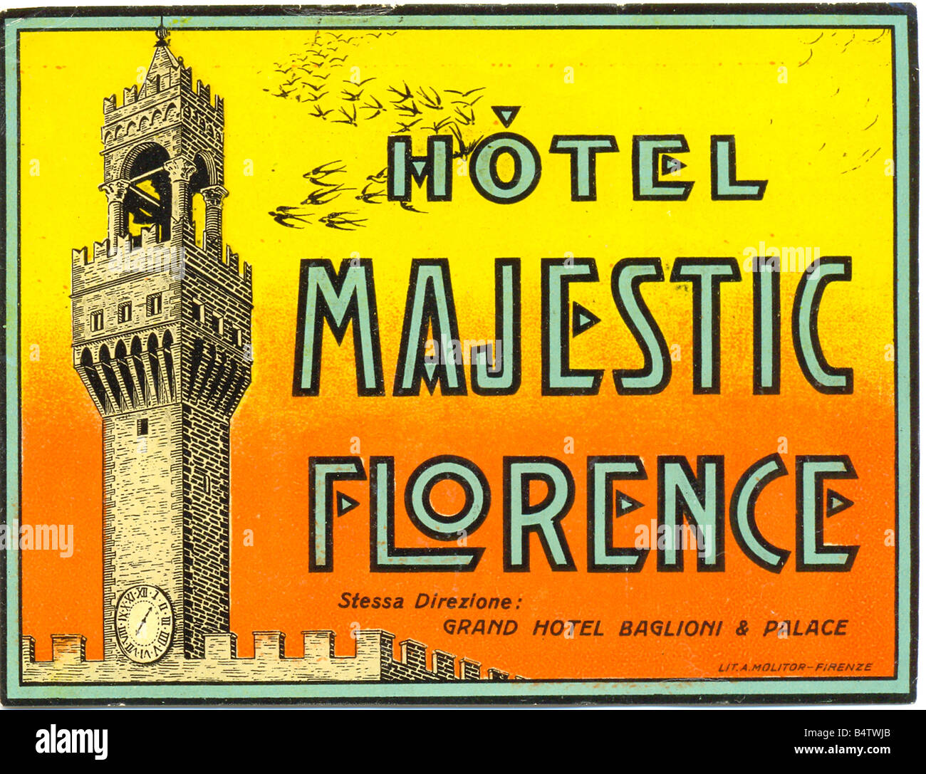 Hotel luggage label for Hotel Majestic, Florence, Italy, circa 1930 Stock Photo