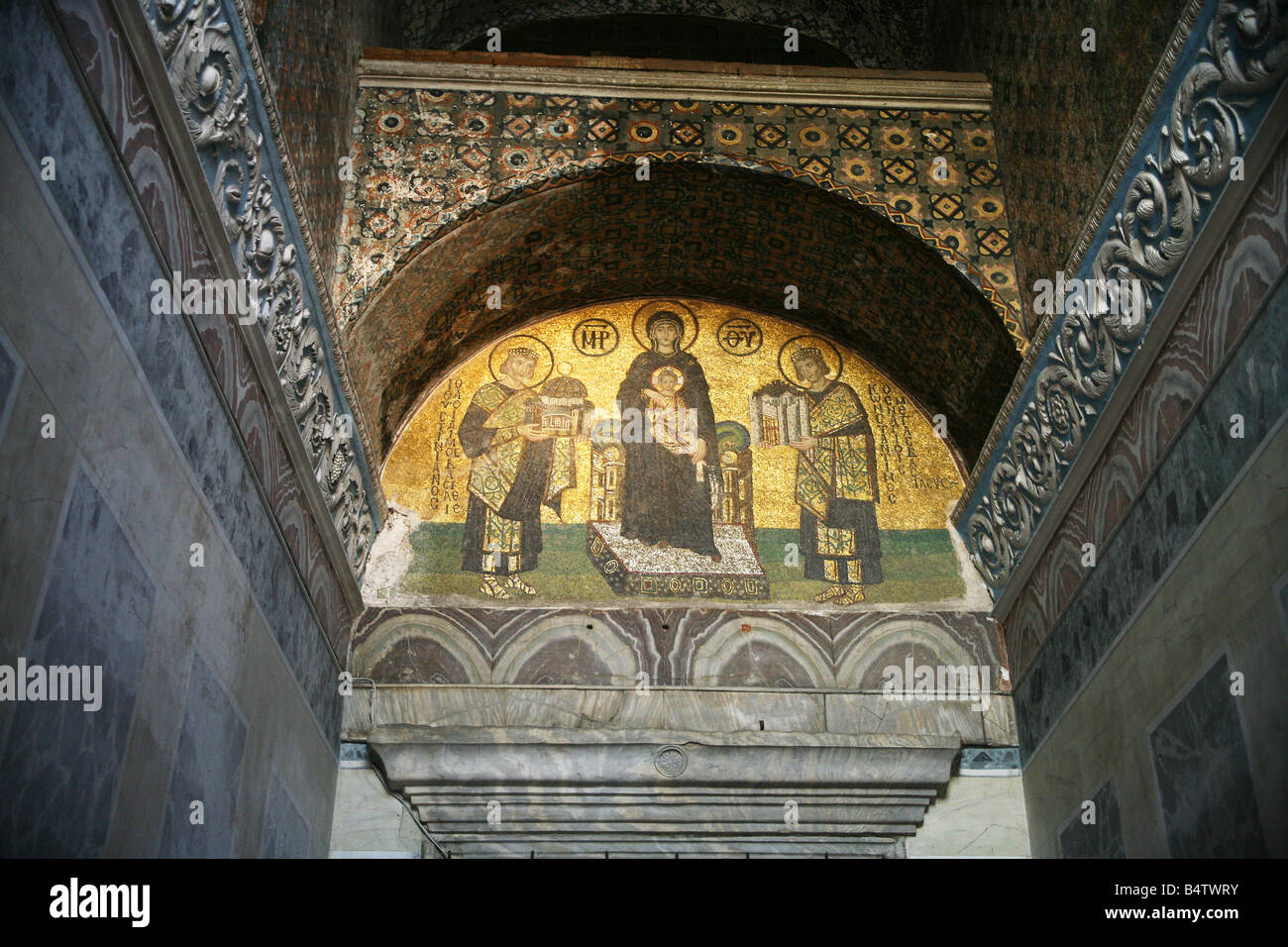 Mosaic of The Virgin and Child flanked by Justinian I and Constantine I, in Hagia Sophia, Istanbul. Stock Photo
