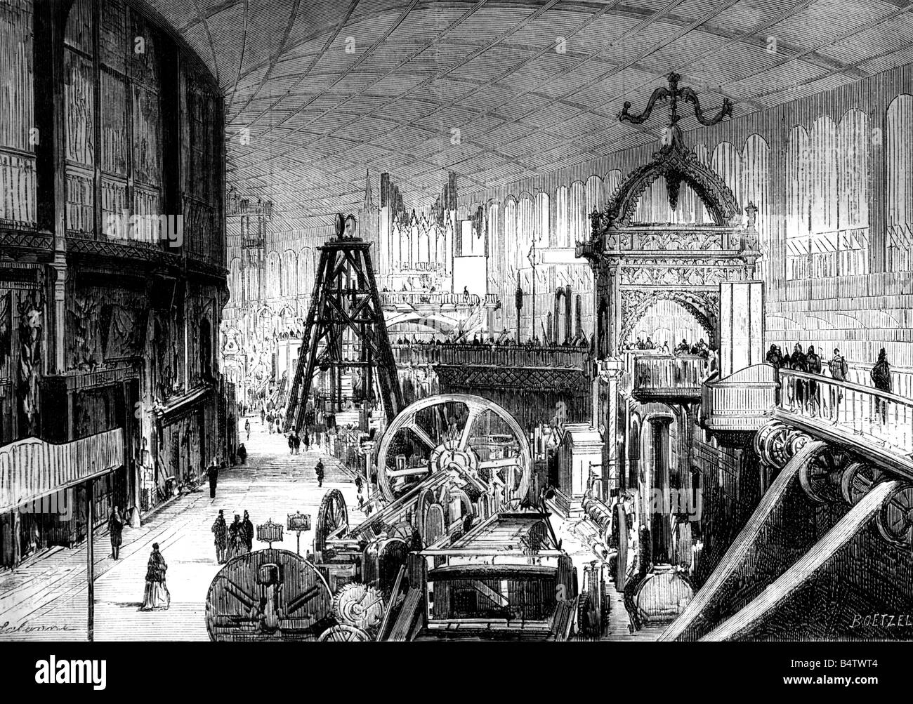exhibitions, world exposition, Paris, 1.4.1867 - 31.12.1867, machine hall, wood engraving after drawing by Lalanne, 1867, Exposition Universelle, Expo, international exhibition, technics, machines, industry, France, 2nd Empire, 19th century, historic, historical, people, Stock Photo