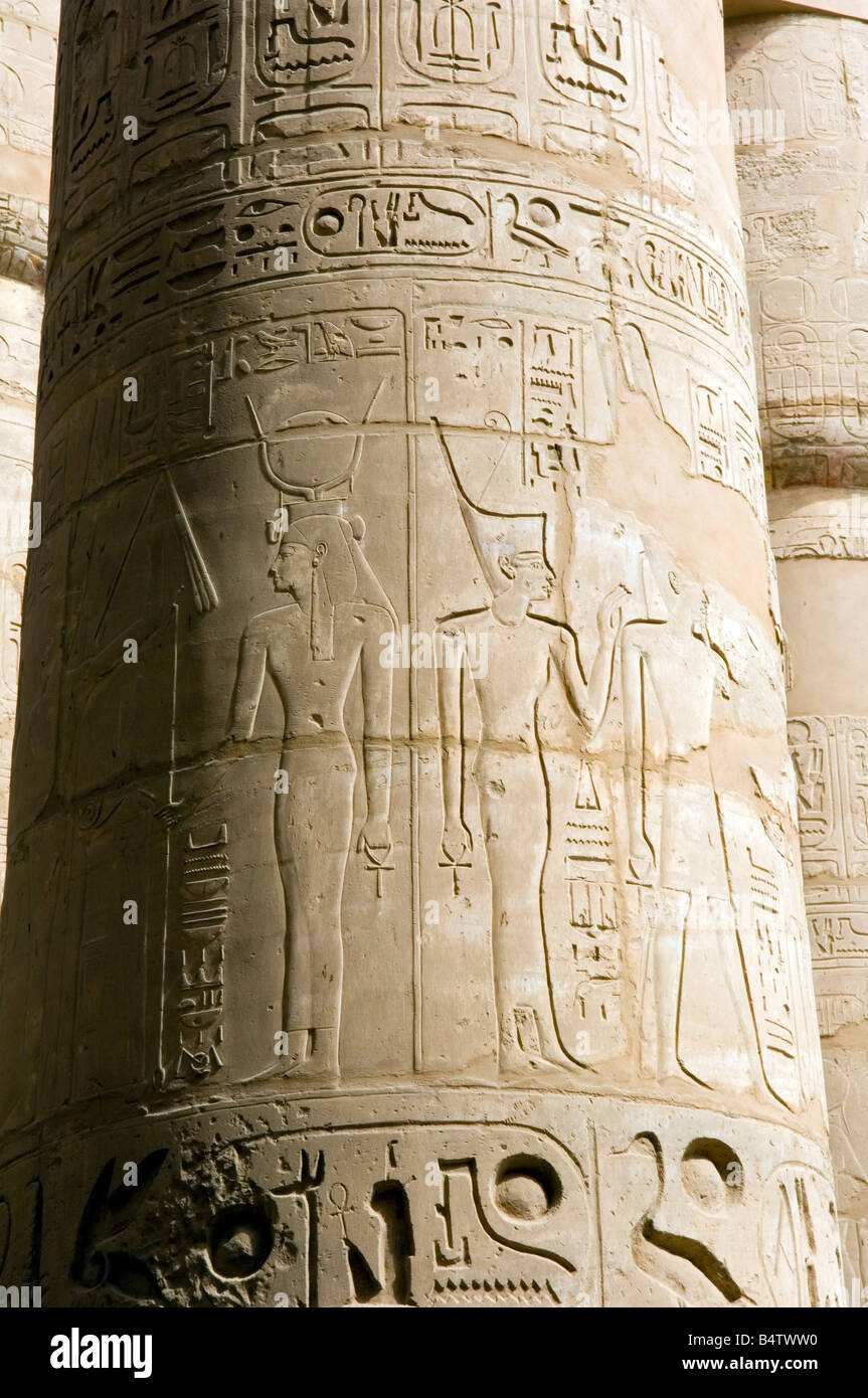 Hypostyle Column Column with relief carving in the Great Hypostyle Hall, Karnak Temple ...