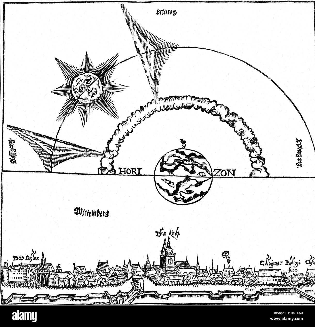 astronomy, sun, appearance of sun dogs and sun rings, seen in Wittenberg, woodcut, 1556, Stock Photo