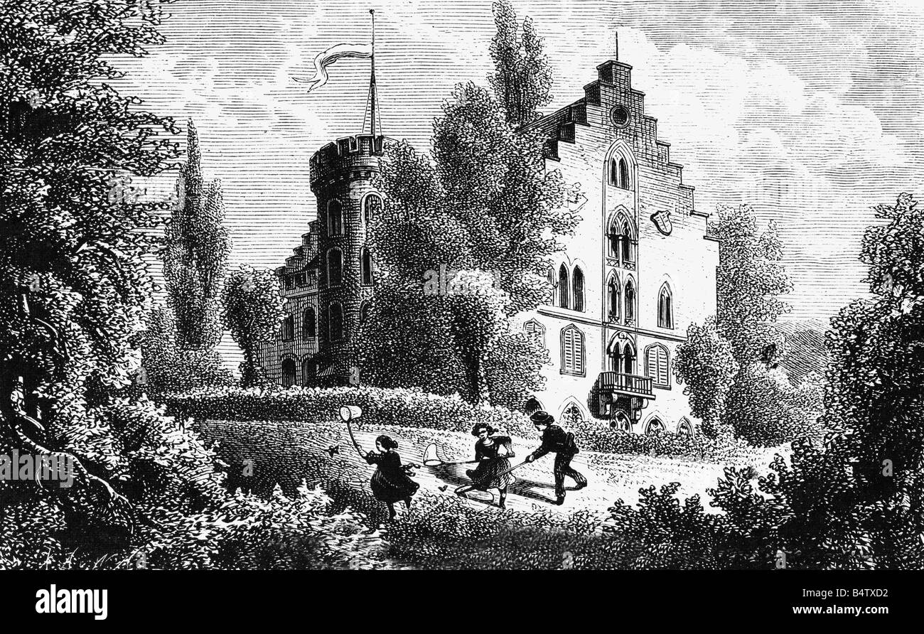 architecture, castles, Germany, Bavaria, Rosenau Castle, exterior view, wood engraving, 19th century, birth place of Prince Consort Albert of Saxe-Coburg-Gotha, Wettin, Saxe - Coburg - Gotha, Upper Franconia, children catching butterflies, historic, historical, people, Stock Photo