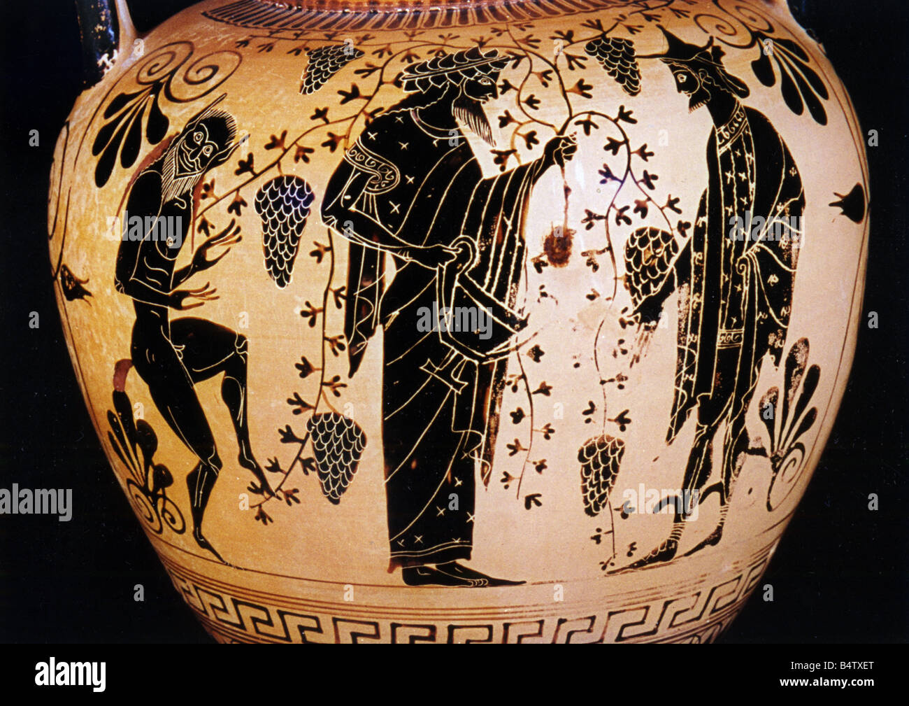 alcohol, wine, production, vintage, Attic amphora, Lysippides painter, circa 510 BC, Staatliche Antikensammlung, Munich, ancient world, antiquity, Greece, Athens, Pan, agriculture, winegrowing, harvest, winegrower, fine arts, 6th century BC, historic, historical, ancient world, people, Stock Photo
