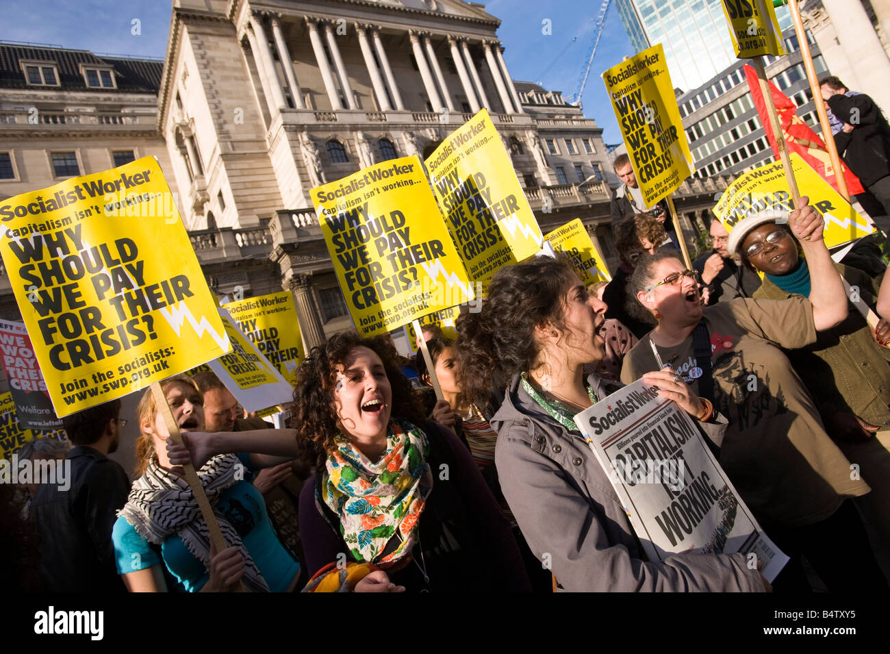 Socialist Workers Party demonstrating in the City of London against government bailing out banks Oct 2008 London United Kingdom Stock Photo