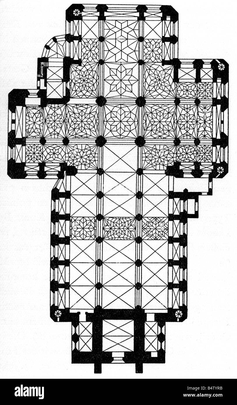 architecture, floor plans, Basilica Saint Mary, Gdansk, built 1343 - 1502, wood engraving, 19th century, plan, catholic church, religion, christianity, Gothiv, Poland, middle ages, Europe, historic, historical, medieval, Stock Photo