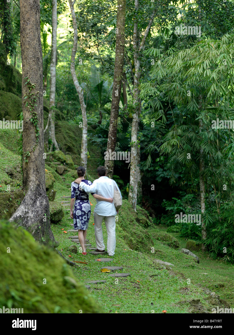 A couple takes a stroll through a tropical forest. Stock Photo