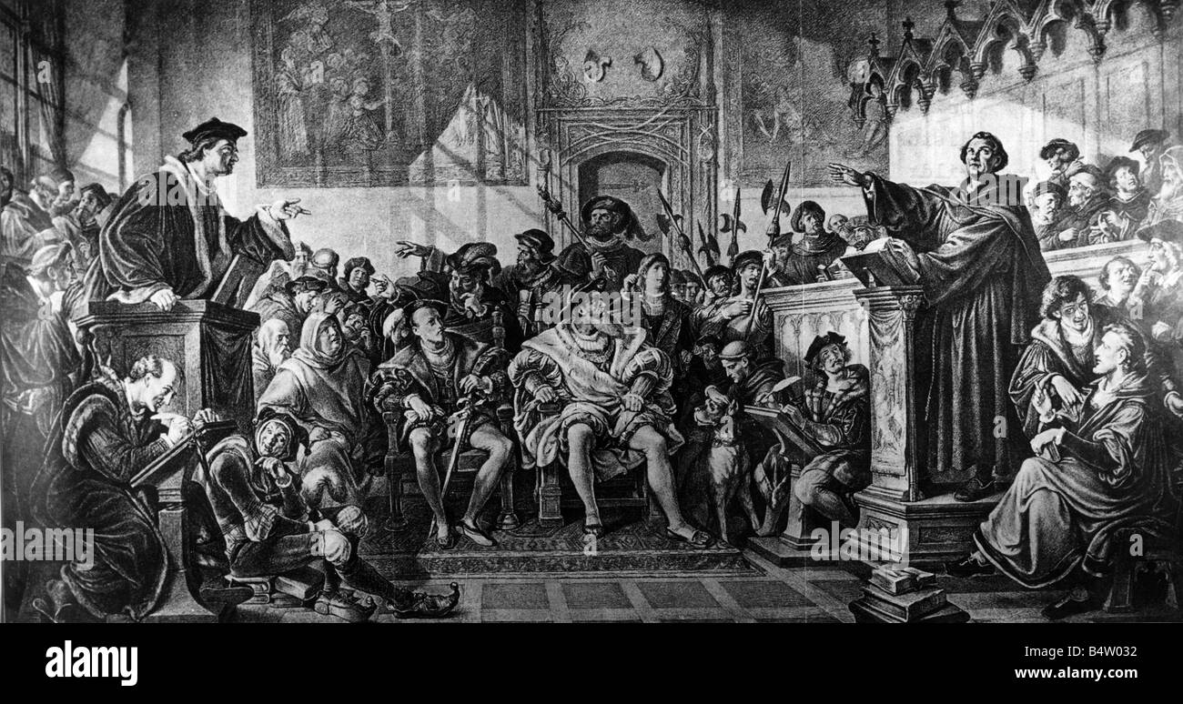 events, Protestant Reformation 1517 - 1648, Leipzig Debate, 27.6.- 16.7.1519, dispute between Johannes Eck and Martin Luther, heliography after painting by Rudolf Julius Huebner, Dresden, 19th century, , Stock Photo
