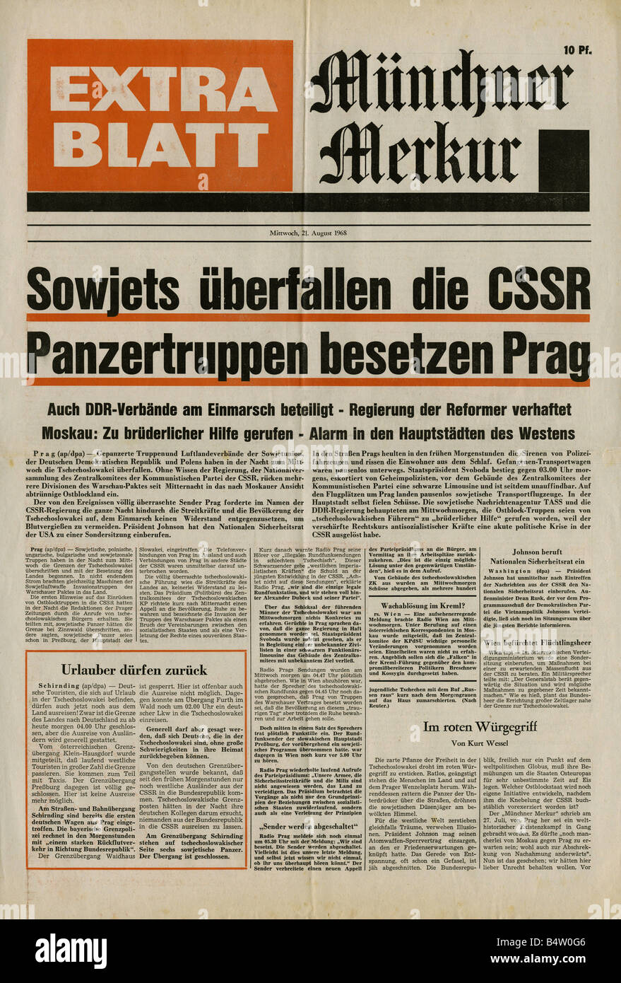 press/media, magazines, 'Münchner Merkur', Munich, special edition, Wednesday 21.8.1968, title, Soviet invasion in CSSR troops occupying Prague, , Stock Photo
