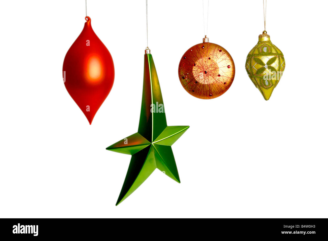 Designer Christmas ornaments photographed in a studio on white