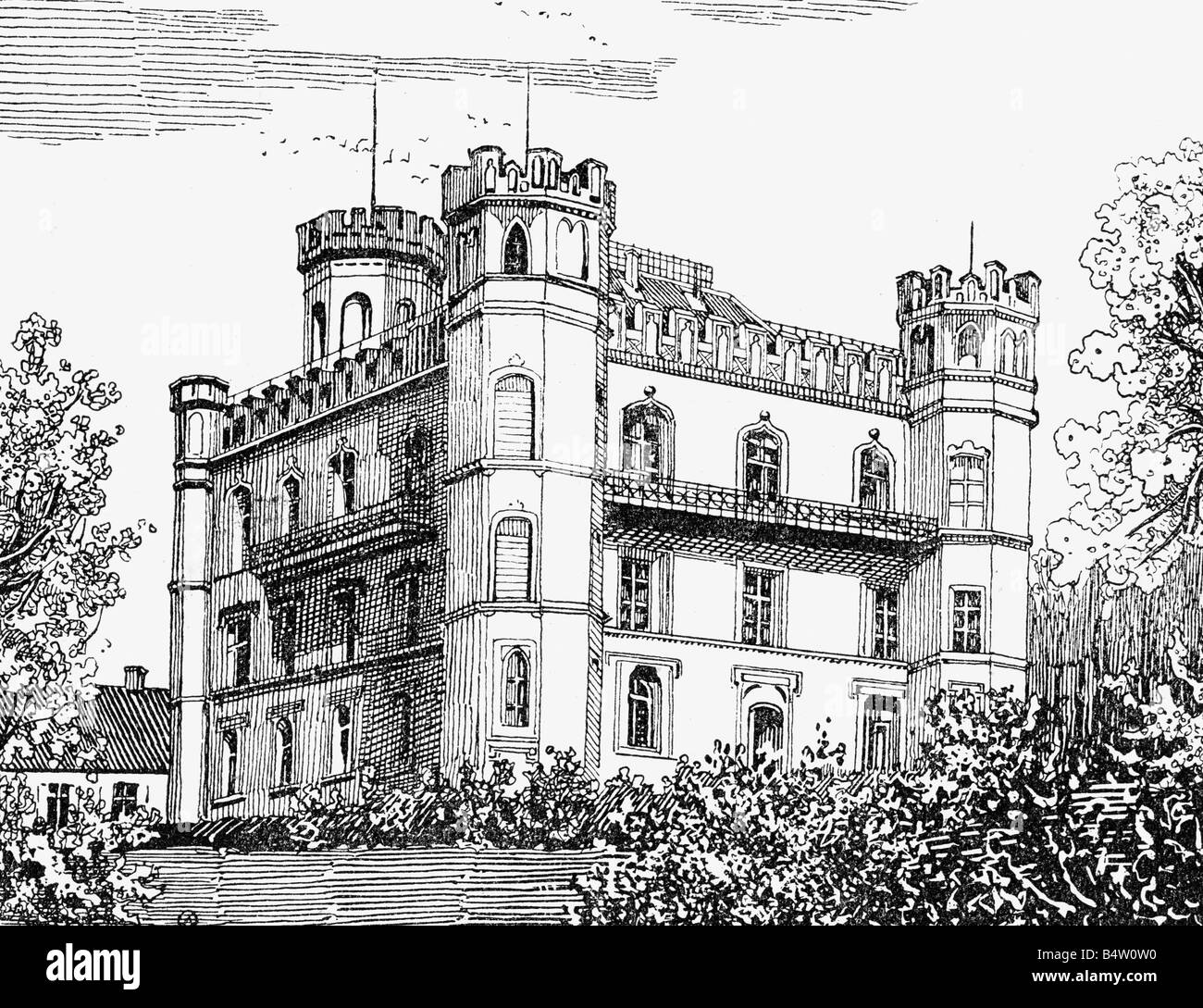 architecture, castles, Germany, Bavaria, Berg Castle, drawing, circa