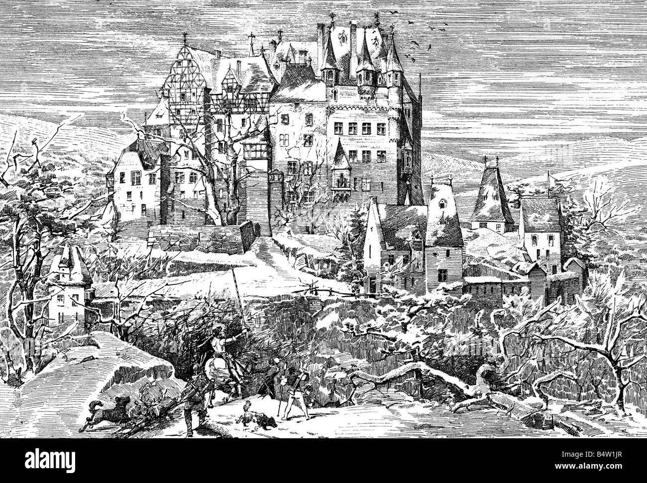 architectur, castles, Germany, Rhineland-Palatinate, Eltz Castle, exterior view in the middel ages, wood engraving, late 19th century, winter, snow, historic, historical, Rhineland - Palatinate, medieval, middle ages, people, Stock Photo