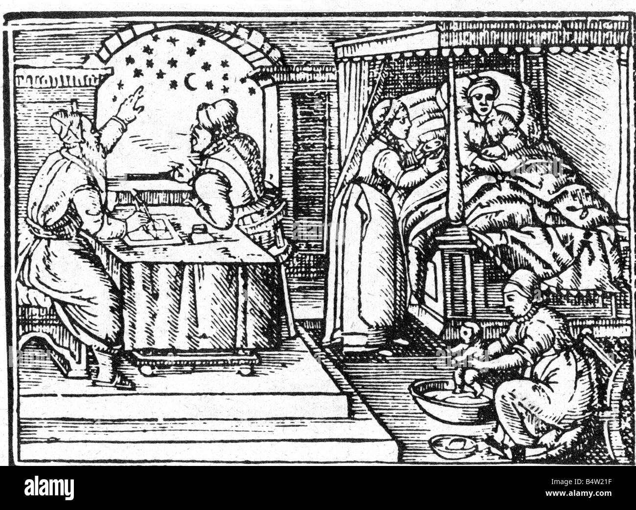 astrology, horoscope, two astrologer specifying the position of the palents during a birth, woodcut, 1596, Stock Photo