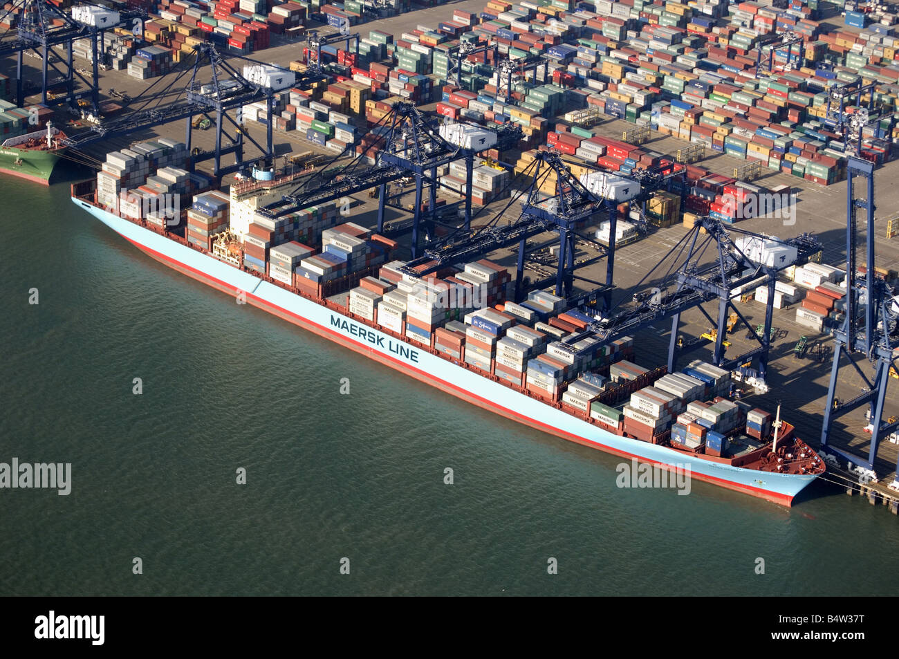 The Maren Maersk of the Maersk Line at Felixstowe Port UK. Aerial view. Stock Photo