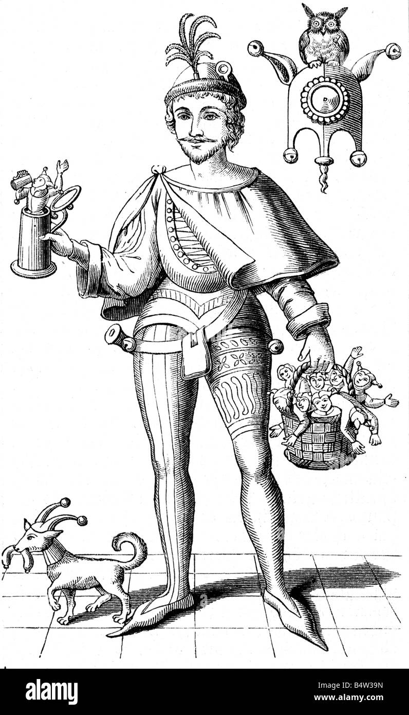 Eulenspiegel, Till (1300 - 1350), German joker, full length, wood engraving, after contemporaneous image, 19th century, Stock Photo