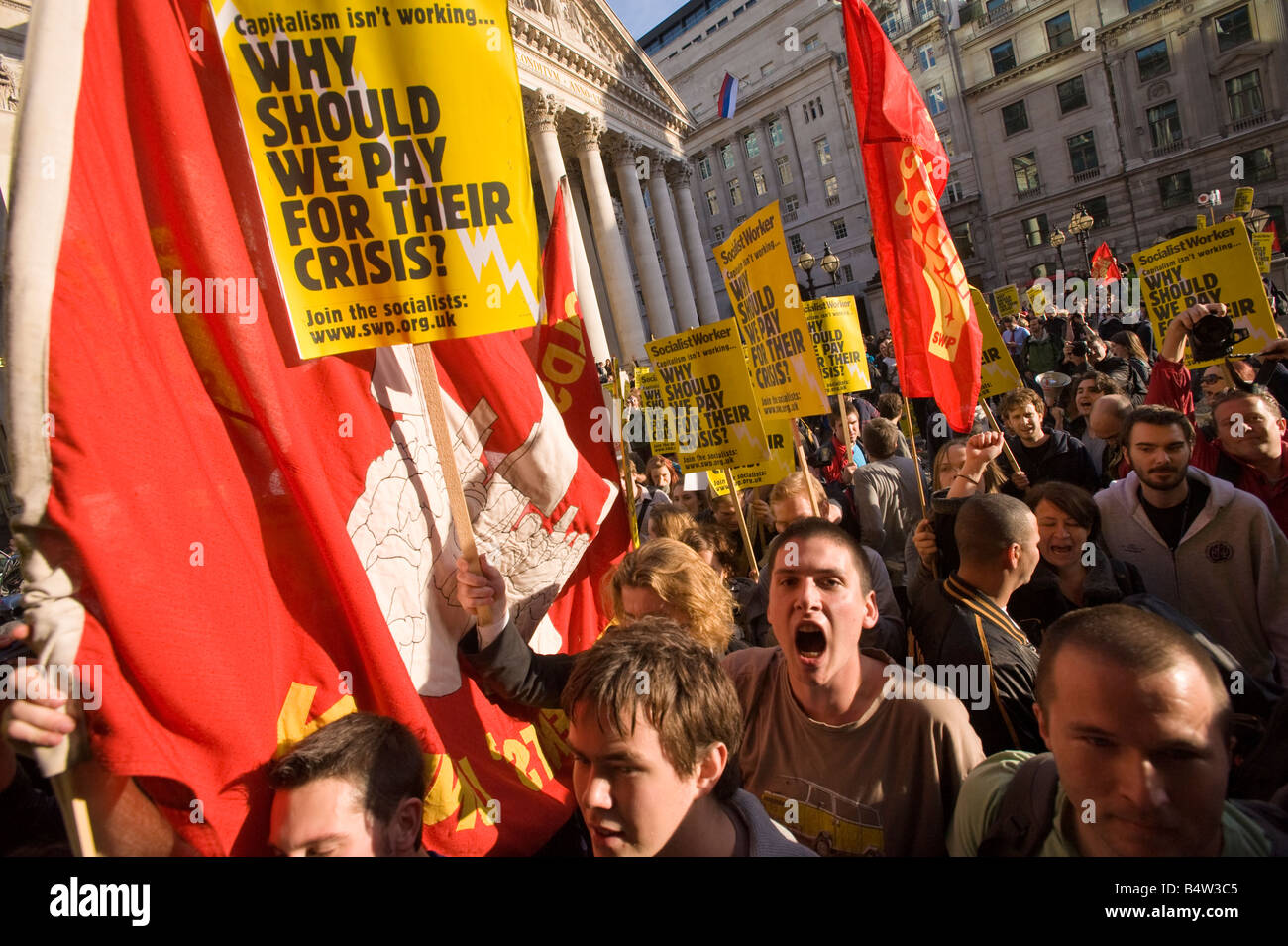 Socialist Workers Party demonstrating in the City of London against government bailing out banks Oct 2008 London United Kingdom Stock Photo