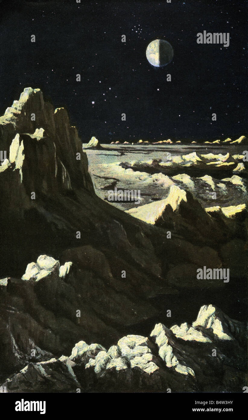 astronomy, moon, landscape, at sunrise, after painting by W. Kranz, circa 1900, Stock Photo