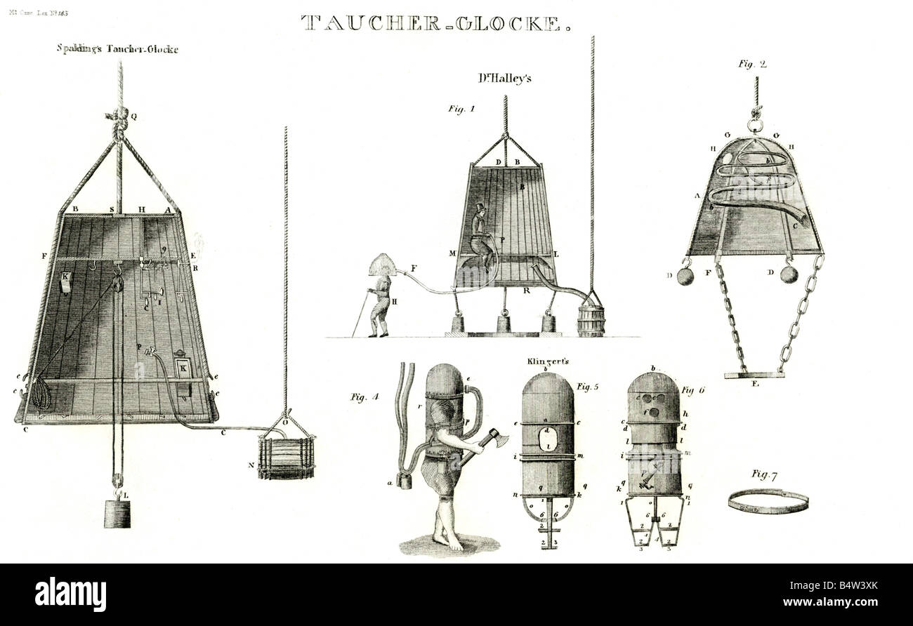 technics, diving bell, by Spalding, Edmund Halley and Klingert, steel engraving, Germany, 19th century, Stock Photo