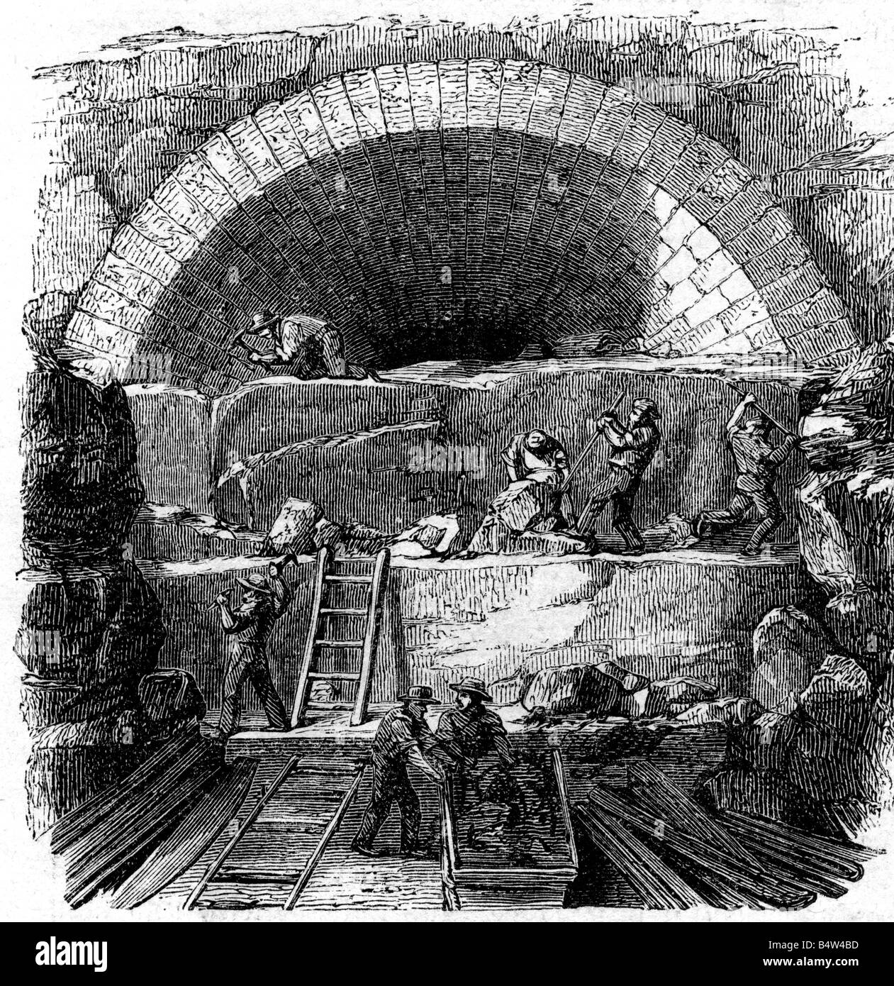 architecture, tunnels, construction of a railway tunnel, finishing the excavation and bringing up the skewbacks, wood engraving, Germany, 1860, Stock Photo