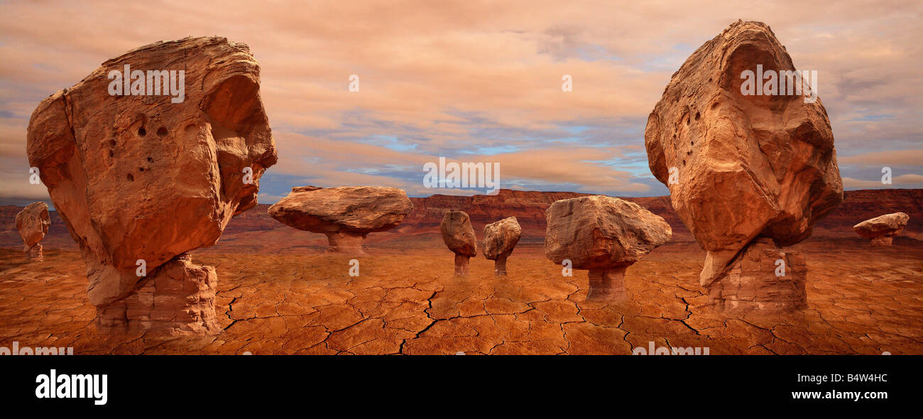 Digitally-altered balanced rocks Desert panoramic Stock Photo