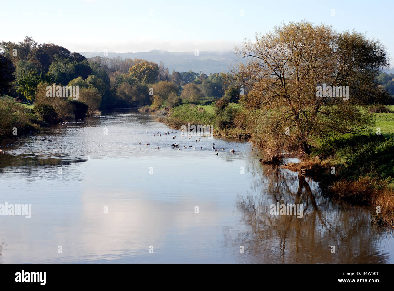River Avon and Bredon Hill from Jubilee Bridge, Fladbury, Worcestershire, England, UK Stock Photo