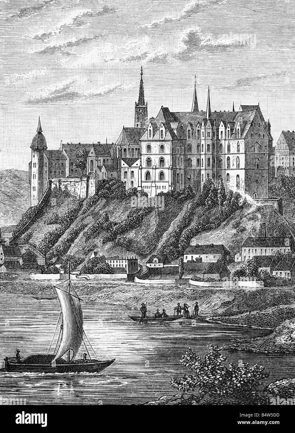 geography / travel, Germany, Meissen, Albrechtsburg Castle, exterior view, wood engraving, circa 1880, Saxony, river, Elbe, Porcelain Manufactury 1710 - 1863, 19th century, historic, historical, people, Stock Photo