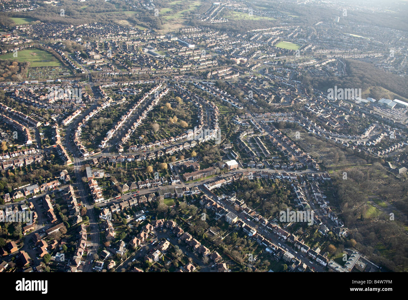 Aerial view south east of suburban houses Chingford Mount Cemetery Dale View Ave Heathcote Grove Endlebury Ave London E4 UK Stock Photo