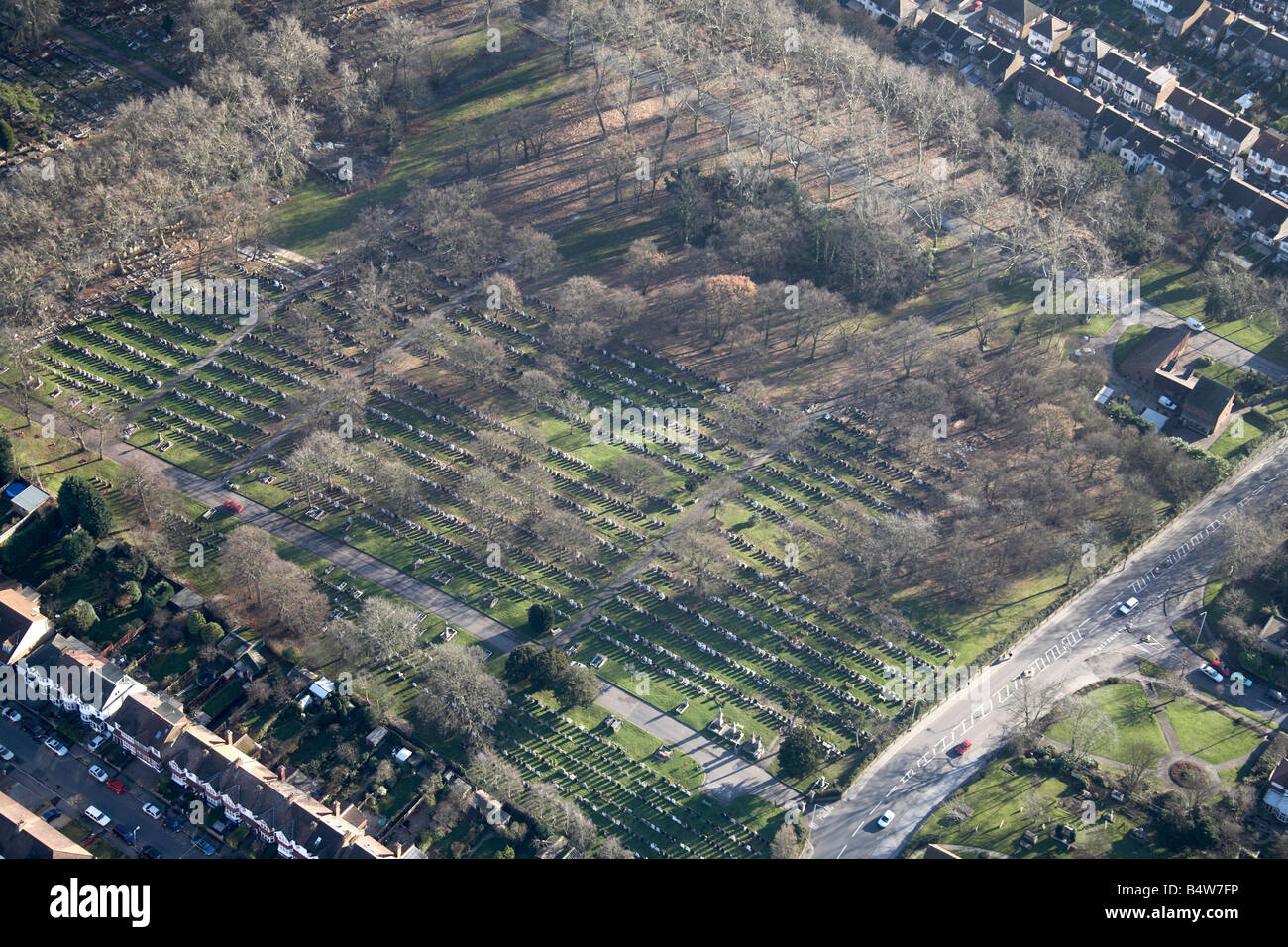 Aerial view south east of Chingford Mount Cemetery Old Church Road