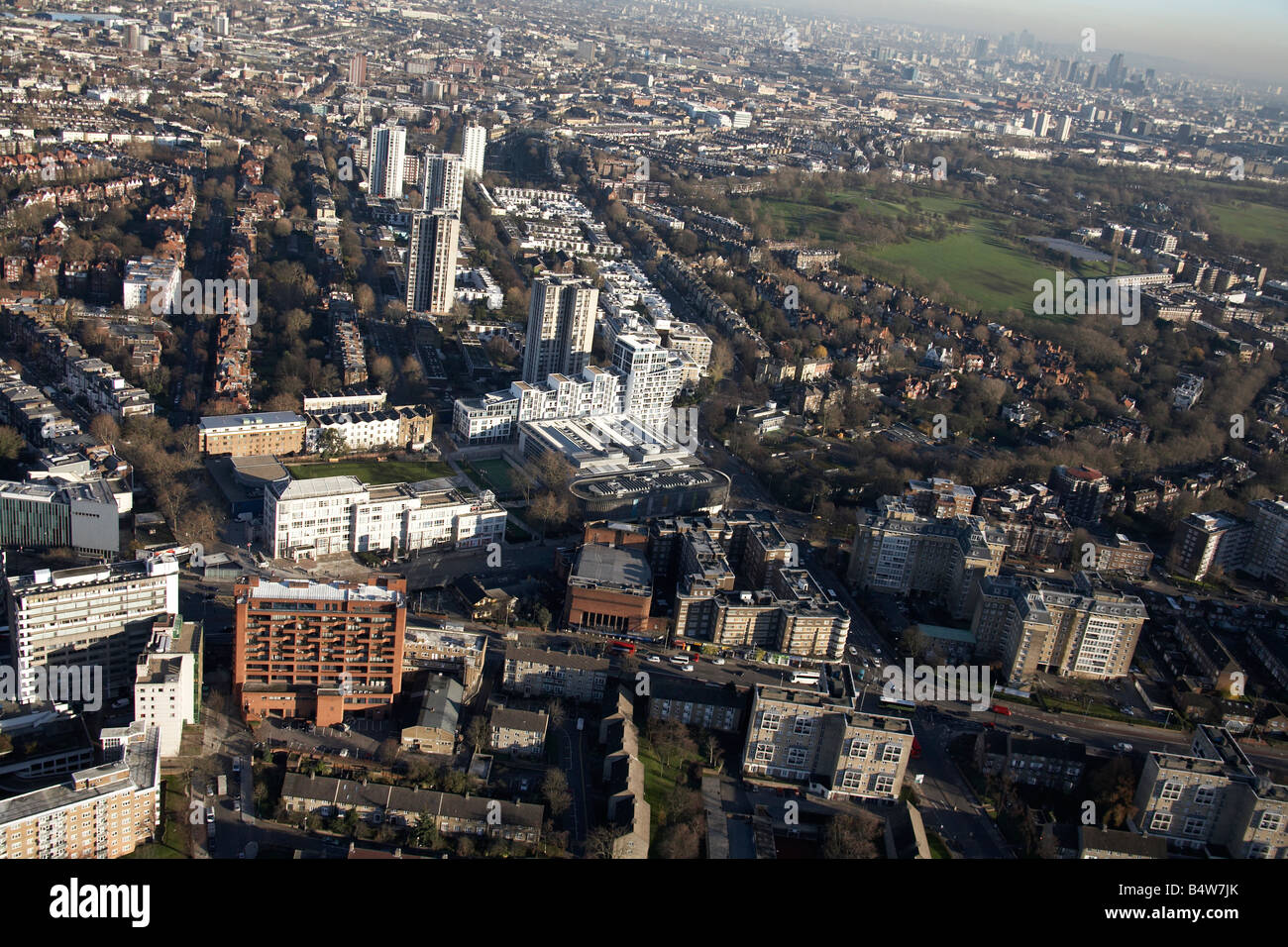 Aerial view east of Swiss Cottage Finchley Road Avenue Road Primrose Hill suburban houses tower blocks London NW3 NW8 NW1 Englan Stock Photo