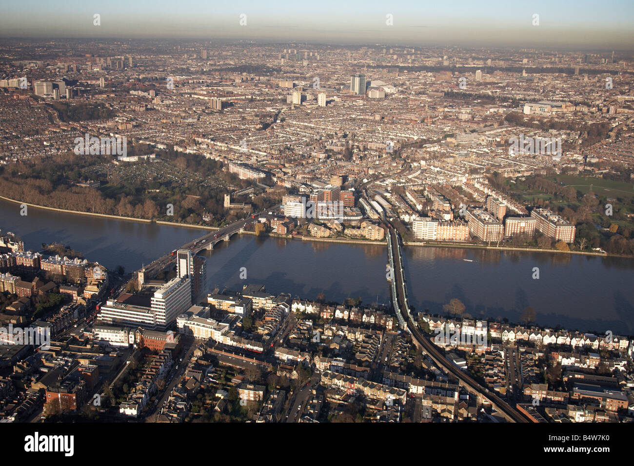 Aerial view north east of suburban houses Putney Bridge River Thames Bishop s Park Fulham Parsons Green London SW15 SW6 England Stock Photo