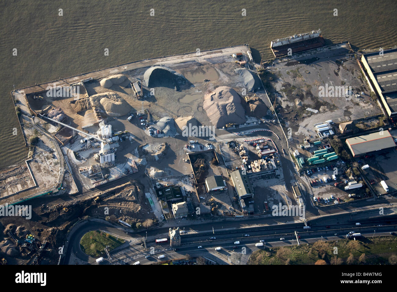 Aerial view west of Quayside Greenwich Peninsular industrial works