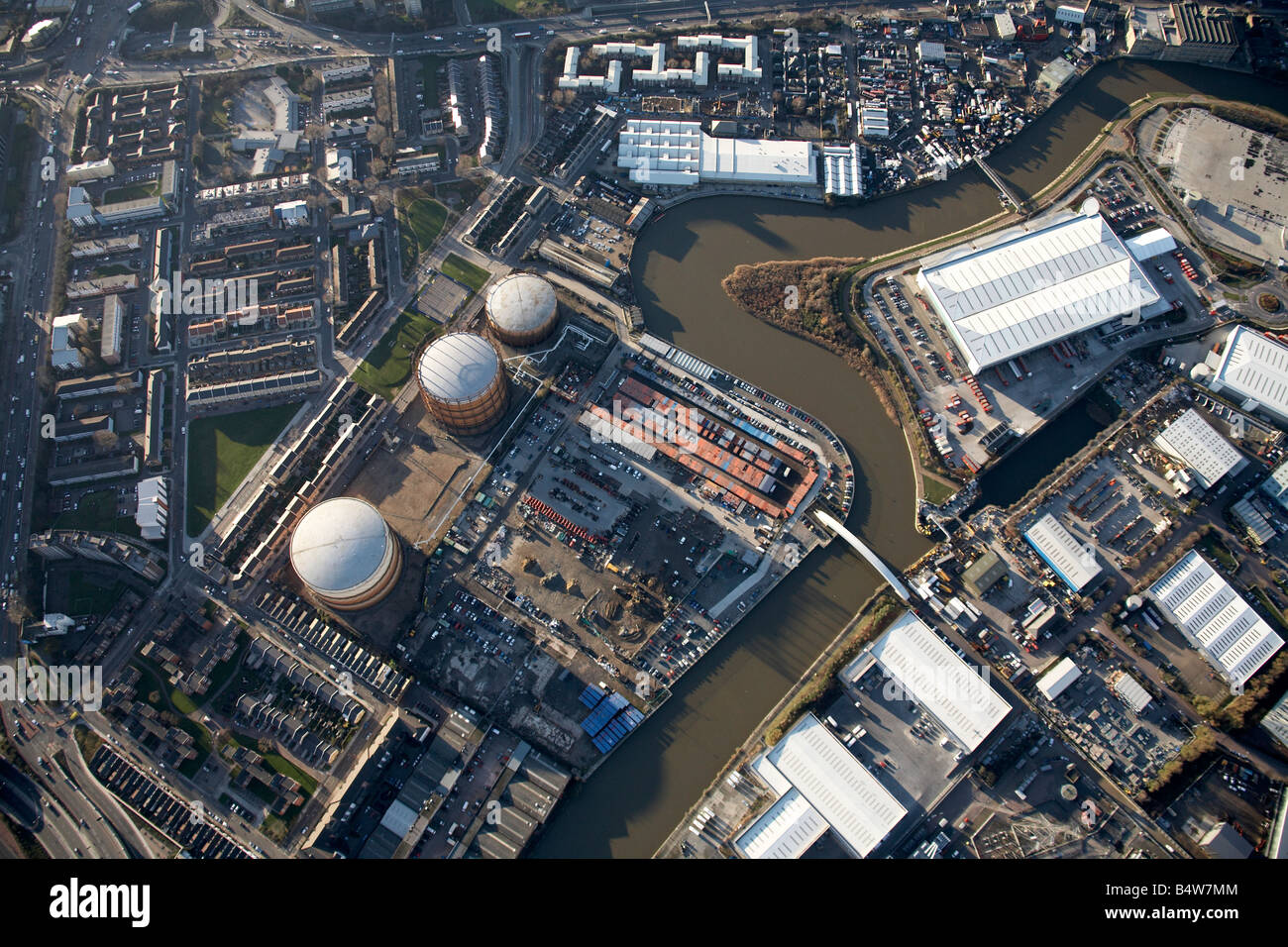 Aerial view west of Bow Creek gas works industrial and trading estates