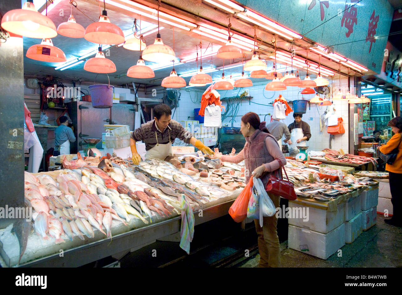 A fresh fish shop at the Wan Chai wet market in Hong Kong. Stock Photo