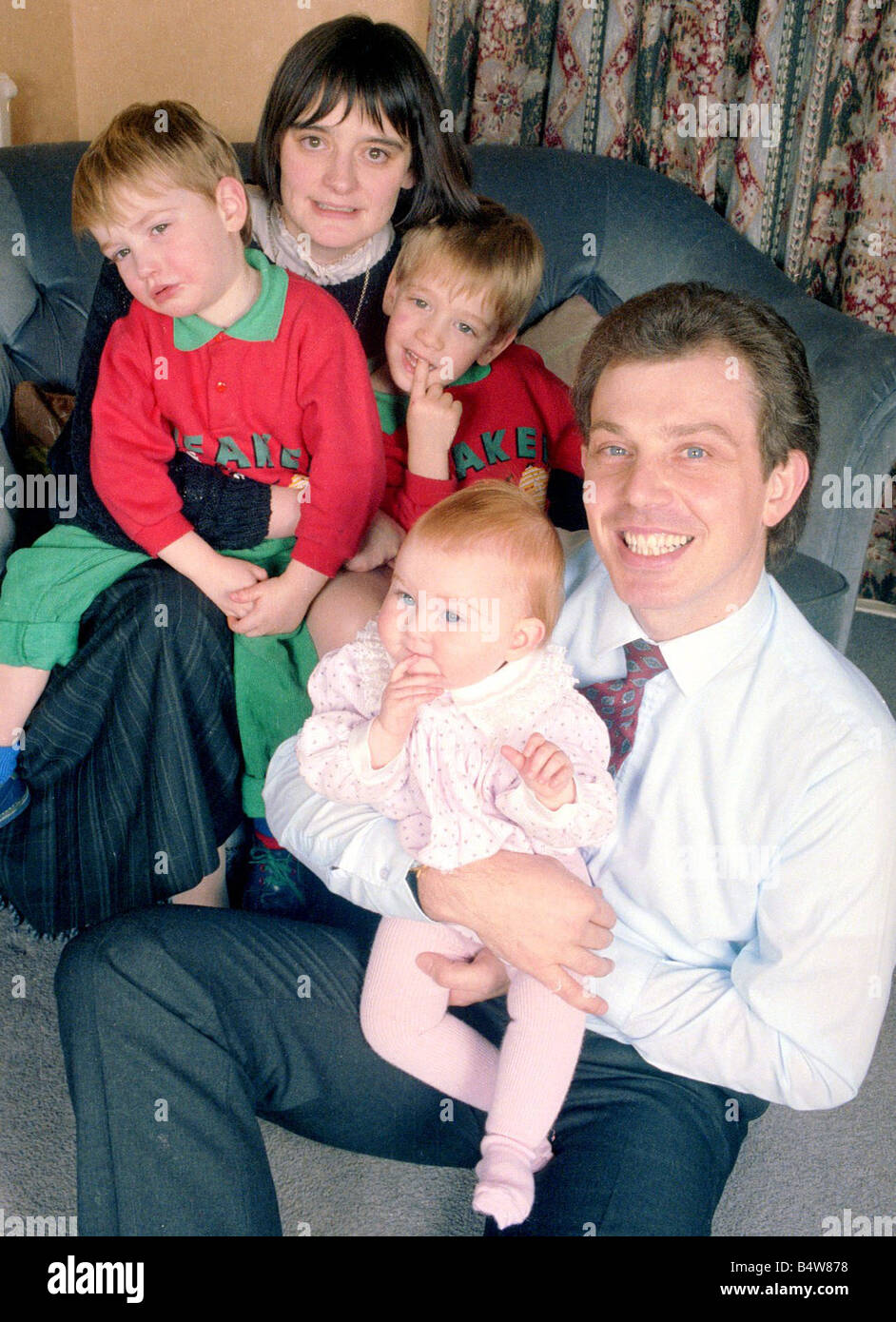 Tony Blair and family December 1988 Tony Blair future labour prime minister with his wife Cherie and sons Ewan 4 and Nicky 3 and their daughter Kathryn 8 months Mirrorpix com LAFRSSAPR05 0604 Stock Photo