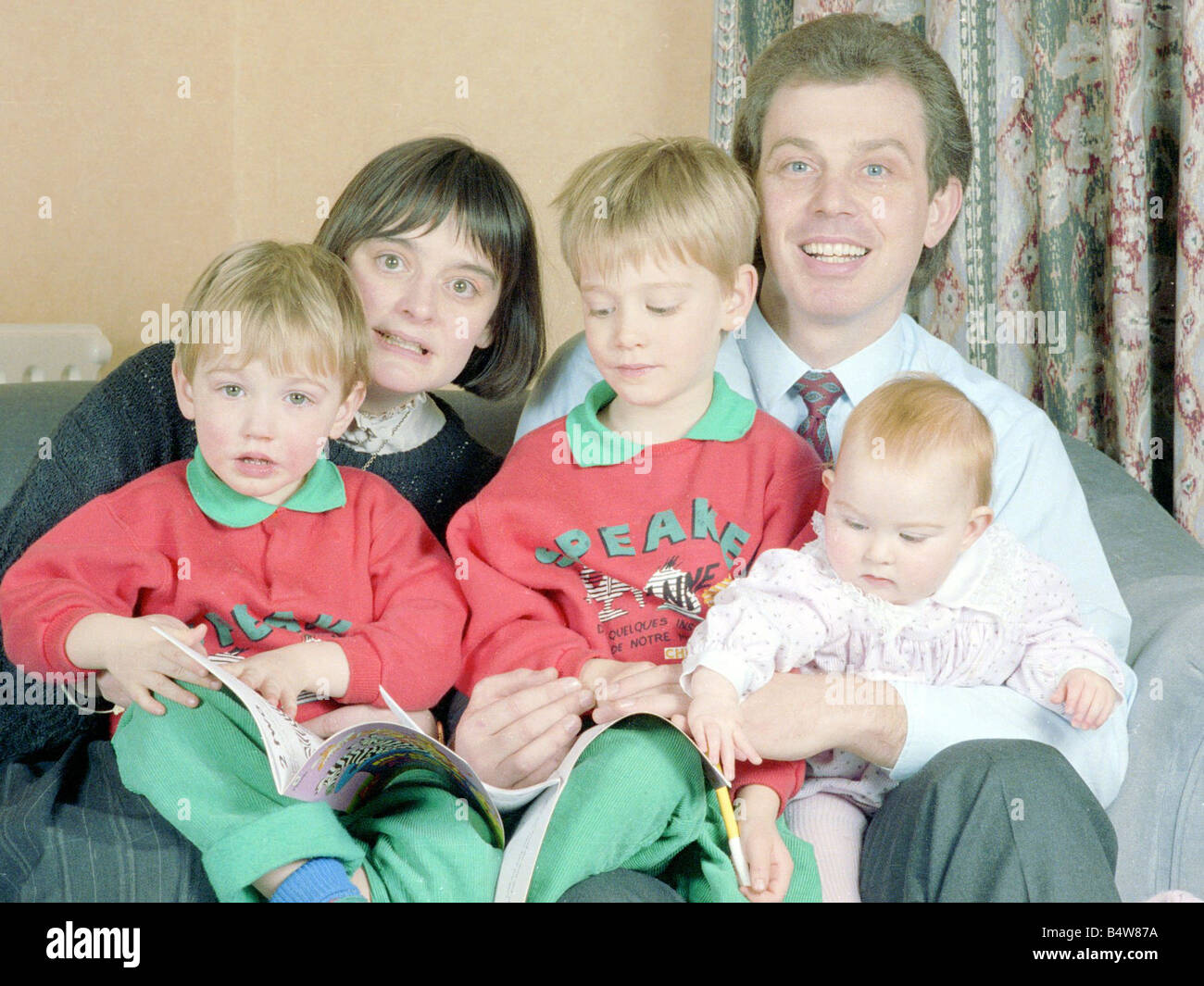 Tony Blair and family December 1988 Tony Blair future labour prime minister with his wife Cherie and sons Ewan 4 and Nicky 3 and their daughter Kathryn 8 months Mirrorpix com Stock Photo