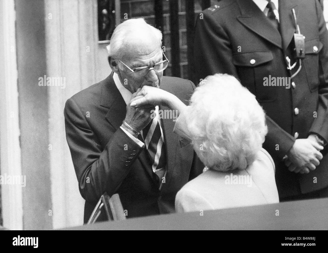 Denis Thatcher and Barbara Bush wife of American President George Bush at Downing Street Dbase Stock Photo