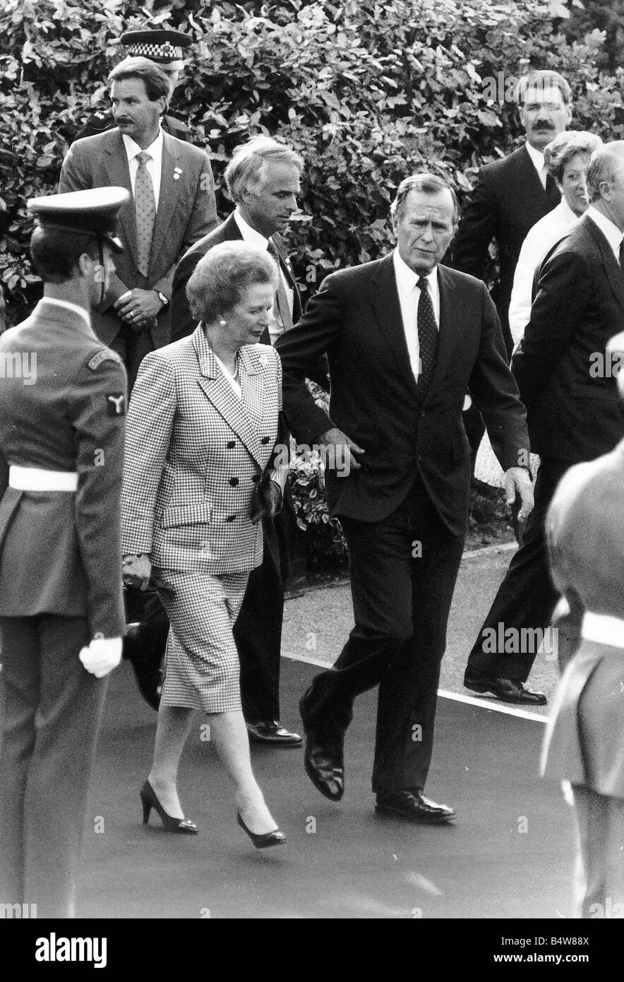 President of the United States George Bush and British Prime Minister Margaret Thatcher at Heathrow Airport May 1989 Stock Photo