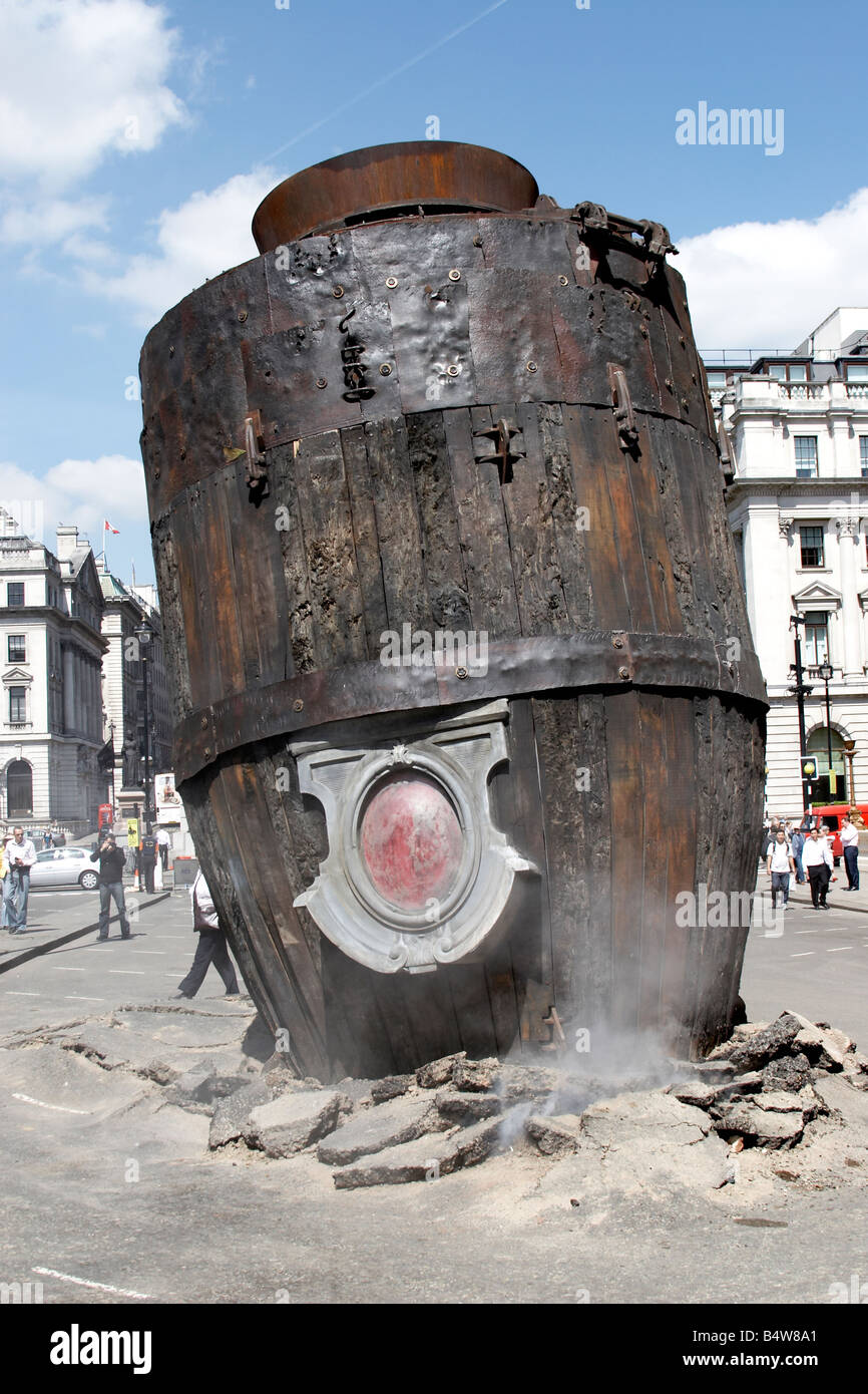 Art or sculpture installation of fallen bomb with crew on Haymarket London SW1 England UK Stock Photo