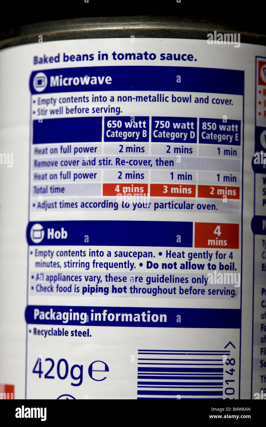 Cooking Instructions Label on tin of Baked Beans Stock Photo Alamy
