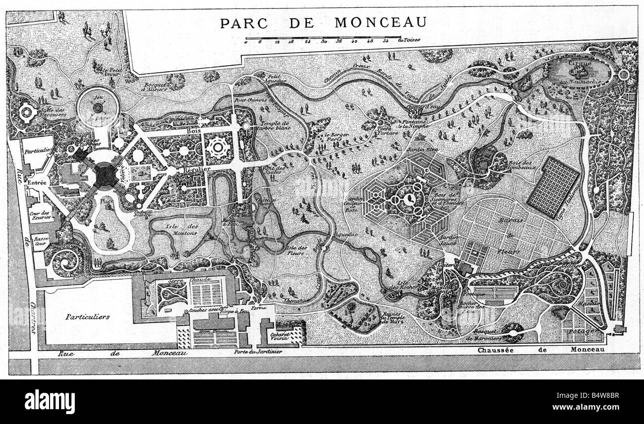 architecture, gardens, Monceau Park in Paris, opened 1769, designed by Louis Carrogis Carmontelle, ground plan, copper engraving, 1778, founded by Louis Philippe, Duke of Orleans and Chartres, France, Ancien Regime, Rokoko, 18th century, historic, historical, Stock Photo