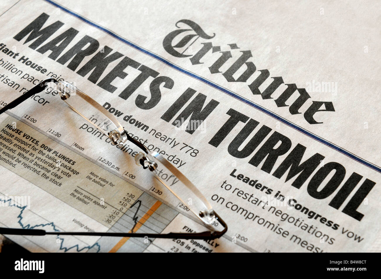 Markets In Turmoil - stock market headlines from an (unknown) Tribune newapsper Stock Photo