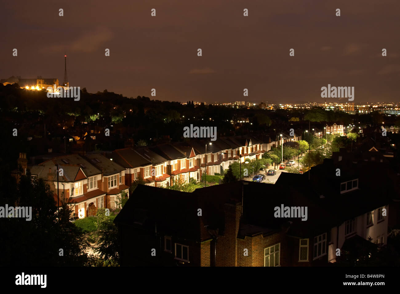 Modern directional environmental street lighting with minimal light pollution on Cranley Gardens at dusk night in Muswell Hill L Stock Photo