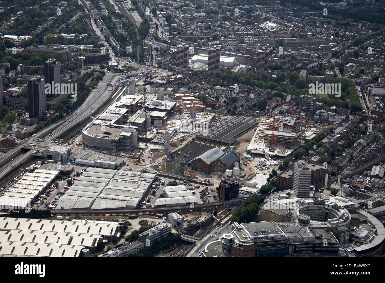 Aerial view south east of Westfield White City Development Construction Site West Cross Route BBC Television Centre London W12 W Stock Photo