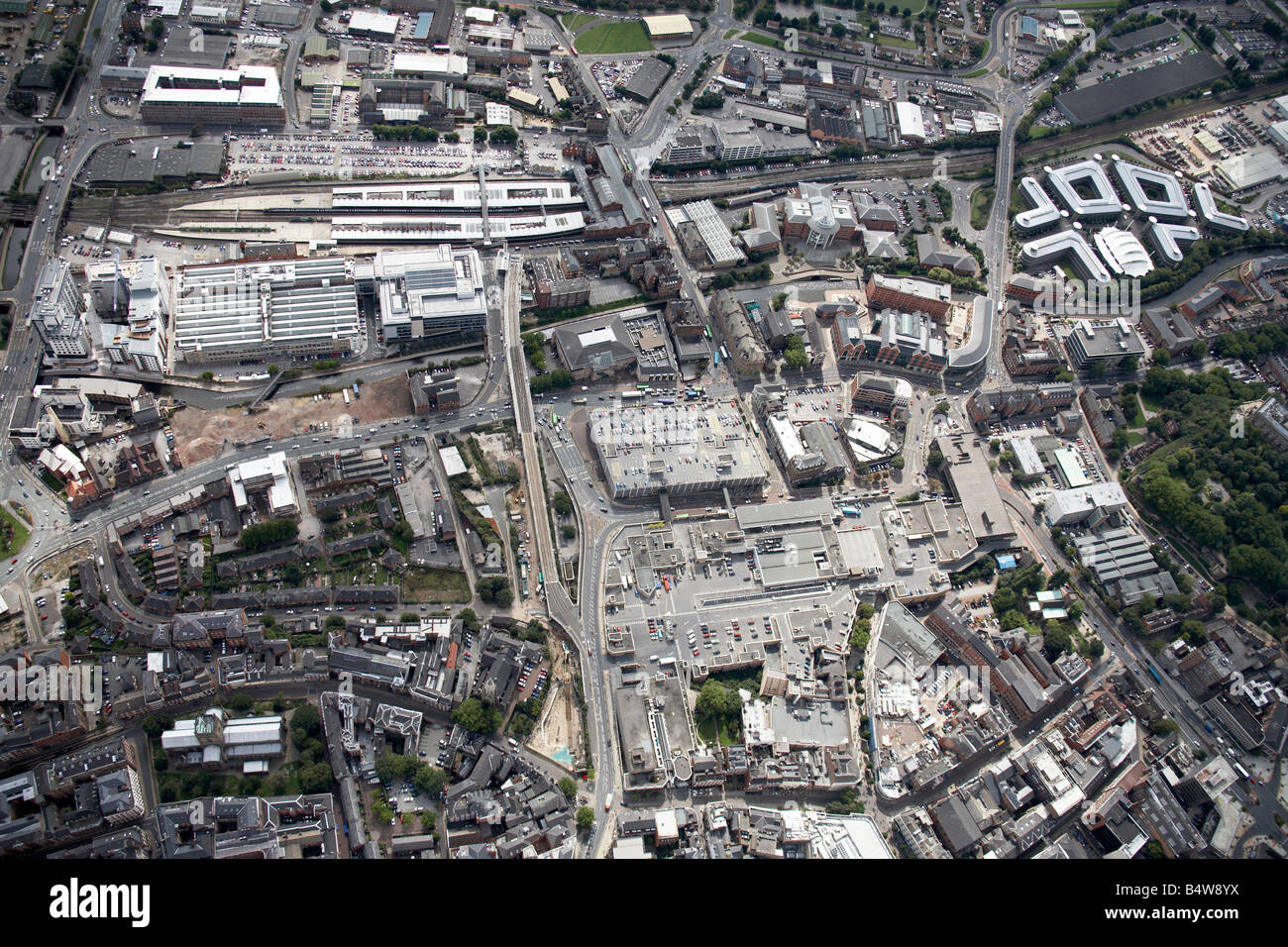 Aerial view south of Nottingham City Centre NET railway line Station