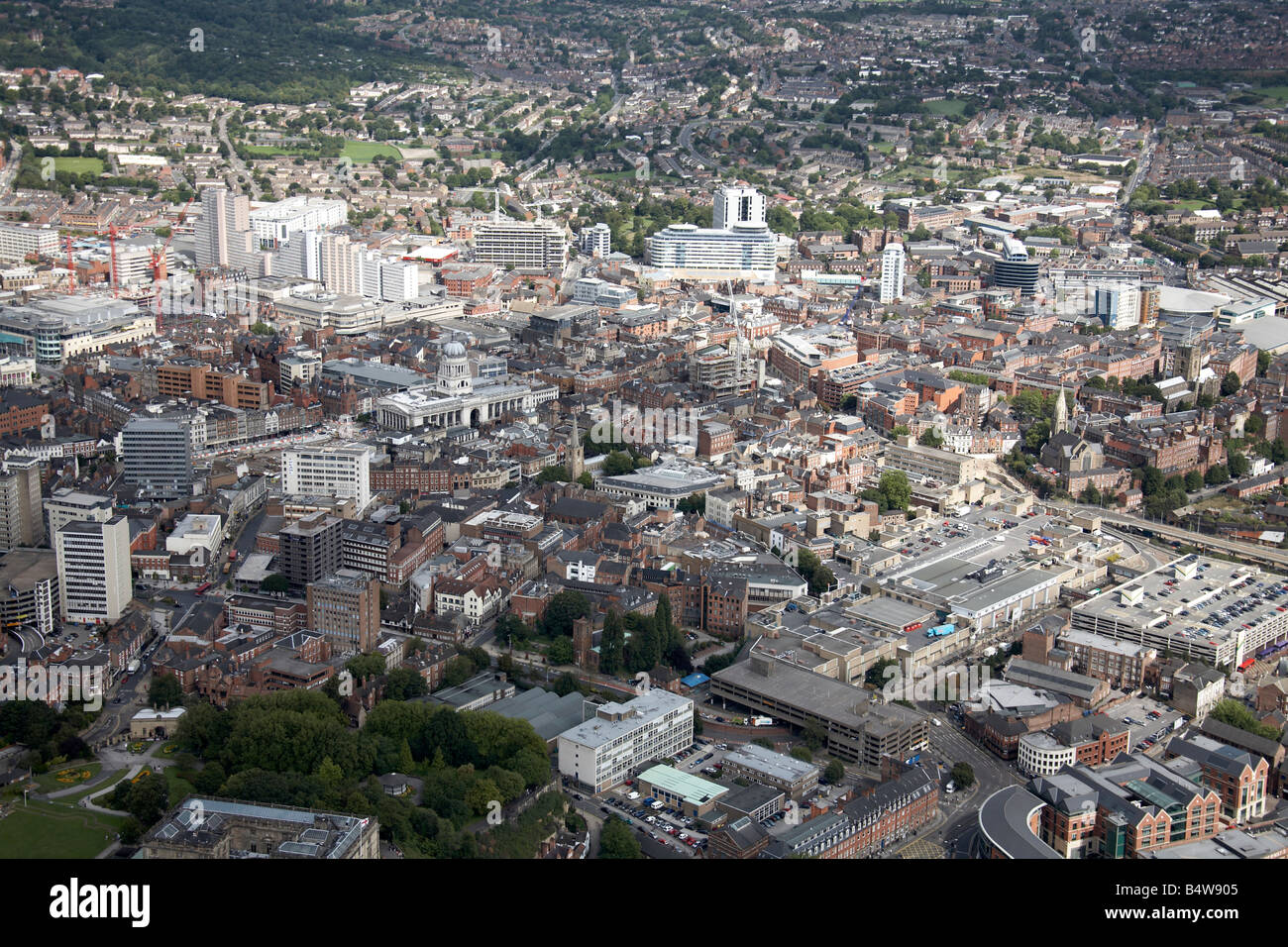 Aerial view north east of Nottingham City Centre inner city buildings Maid Marian Way Nottinghamshire NG1 England UK Stock Photo