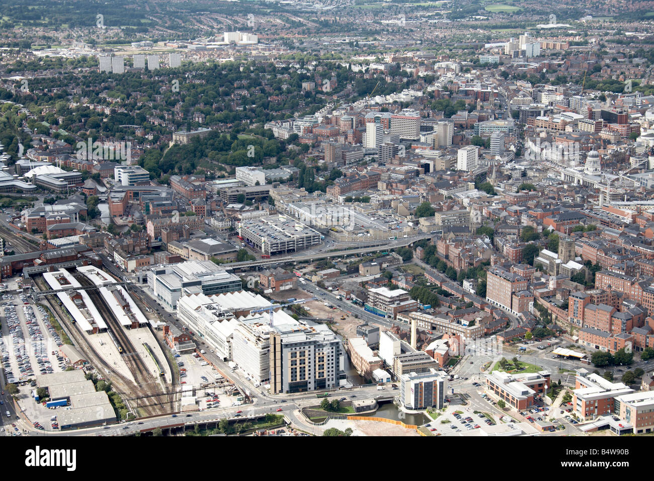 Aerial view north west of Nottingham City Centre NET railway line Station Street inner city buildings London Road The Great Nort Stock Photo